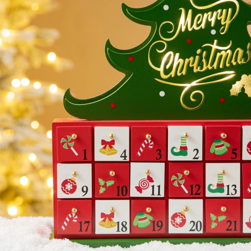 15.25"H Lighted Wooden Christmas Tree Advent Calendar Decor