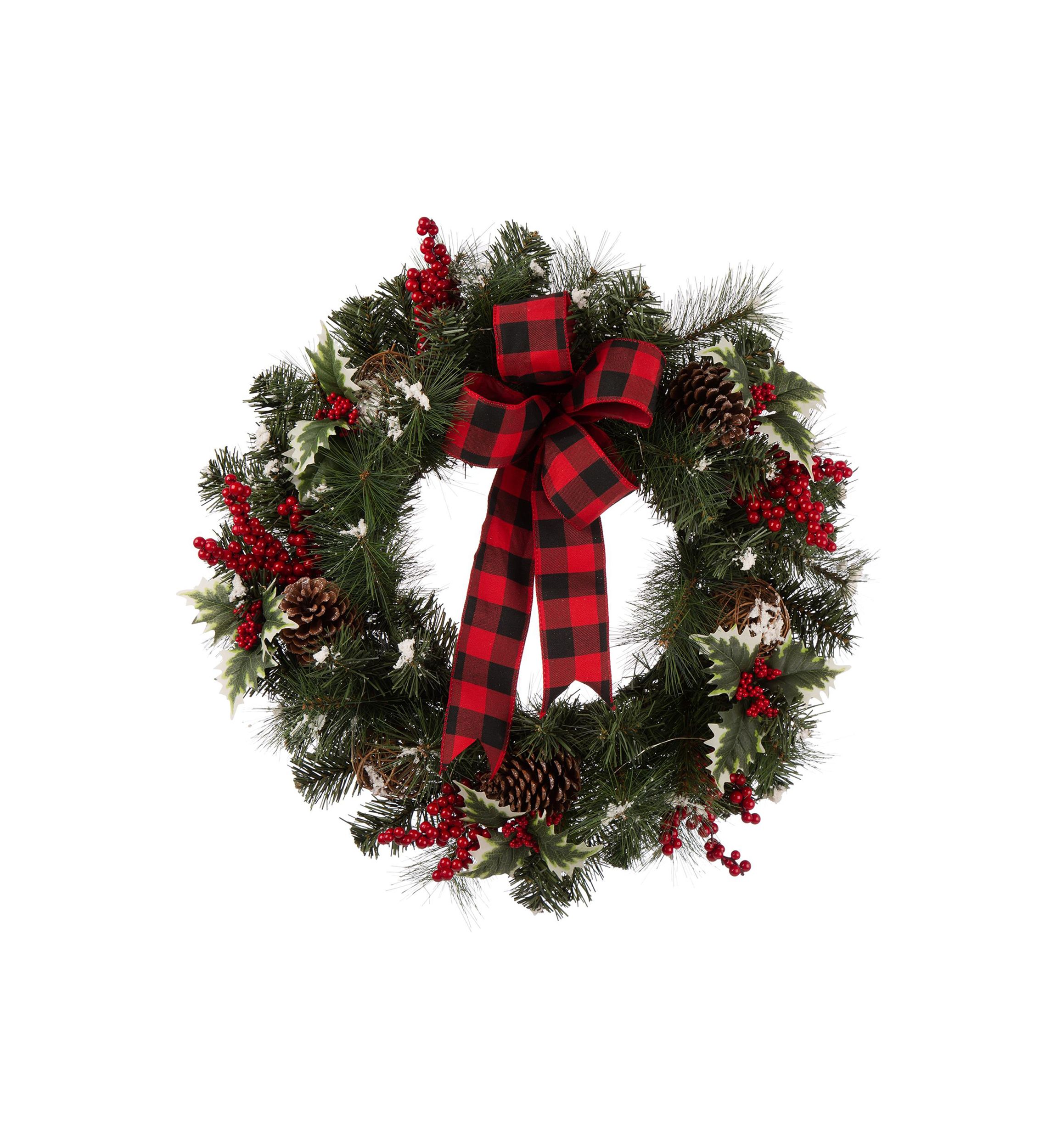 Snow Berry Twig Ball Pinecone Holly Pine Wreath With Lights