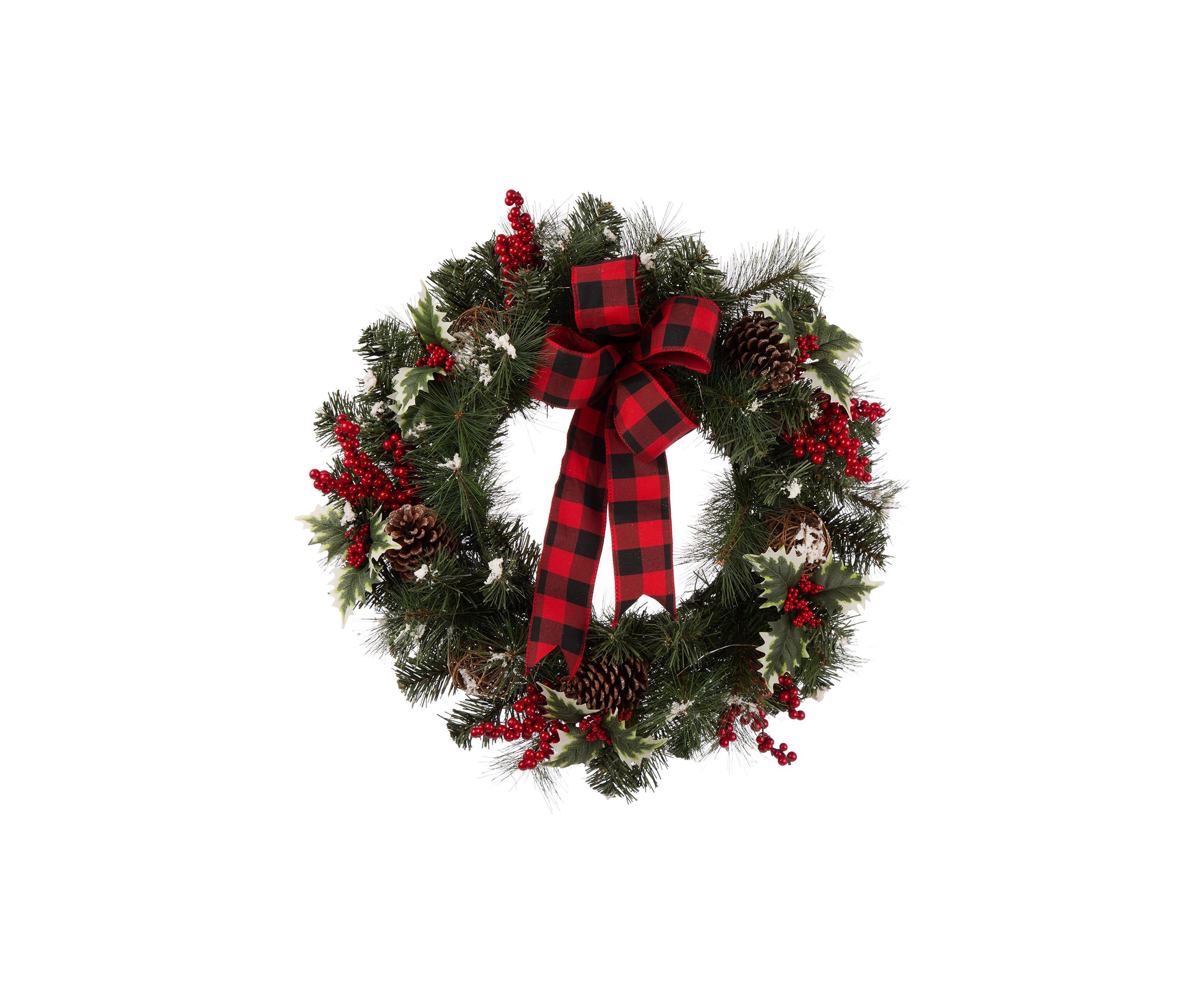 Snow Berry Twig Ball Pinecone Holly Pine Wreath With Lights