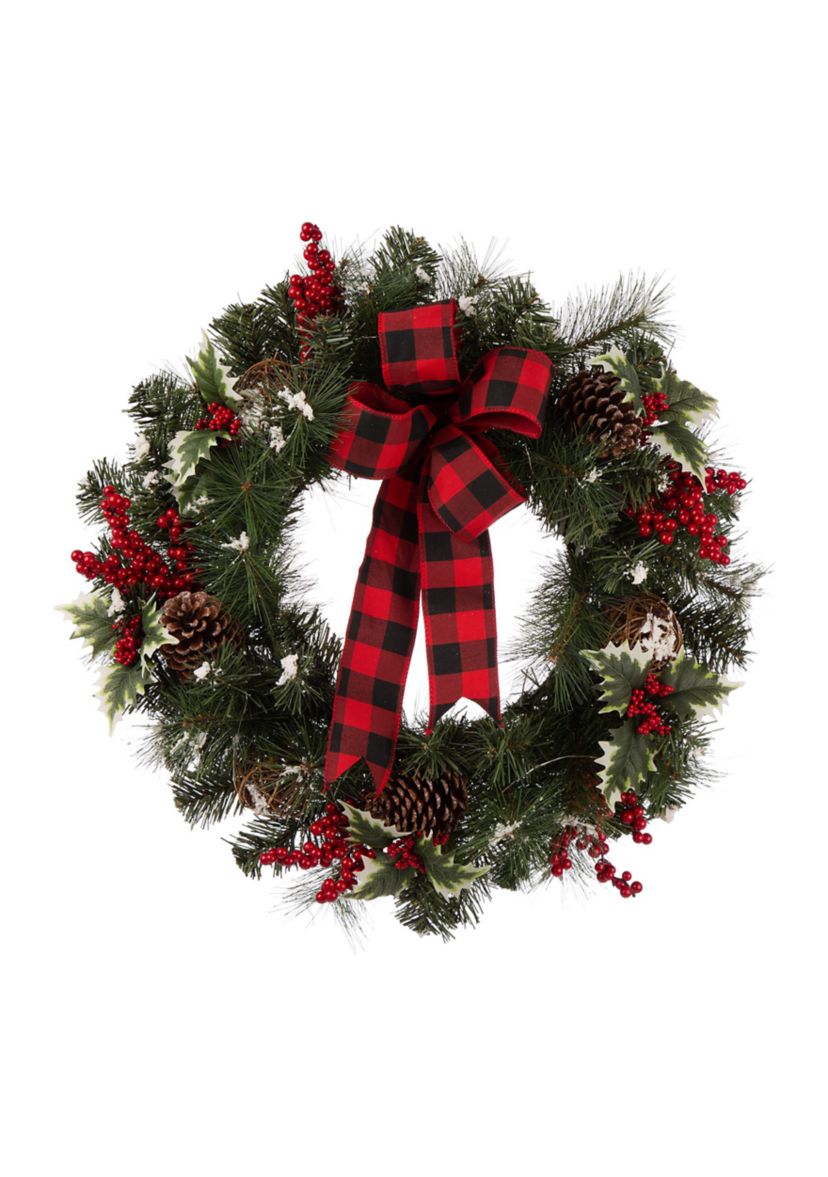 Snow Berry Twig Ball Pinecone Holly Pine Wreath With Lights