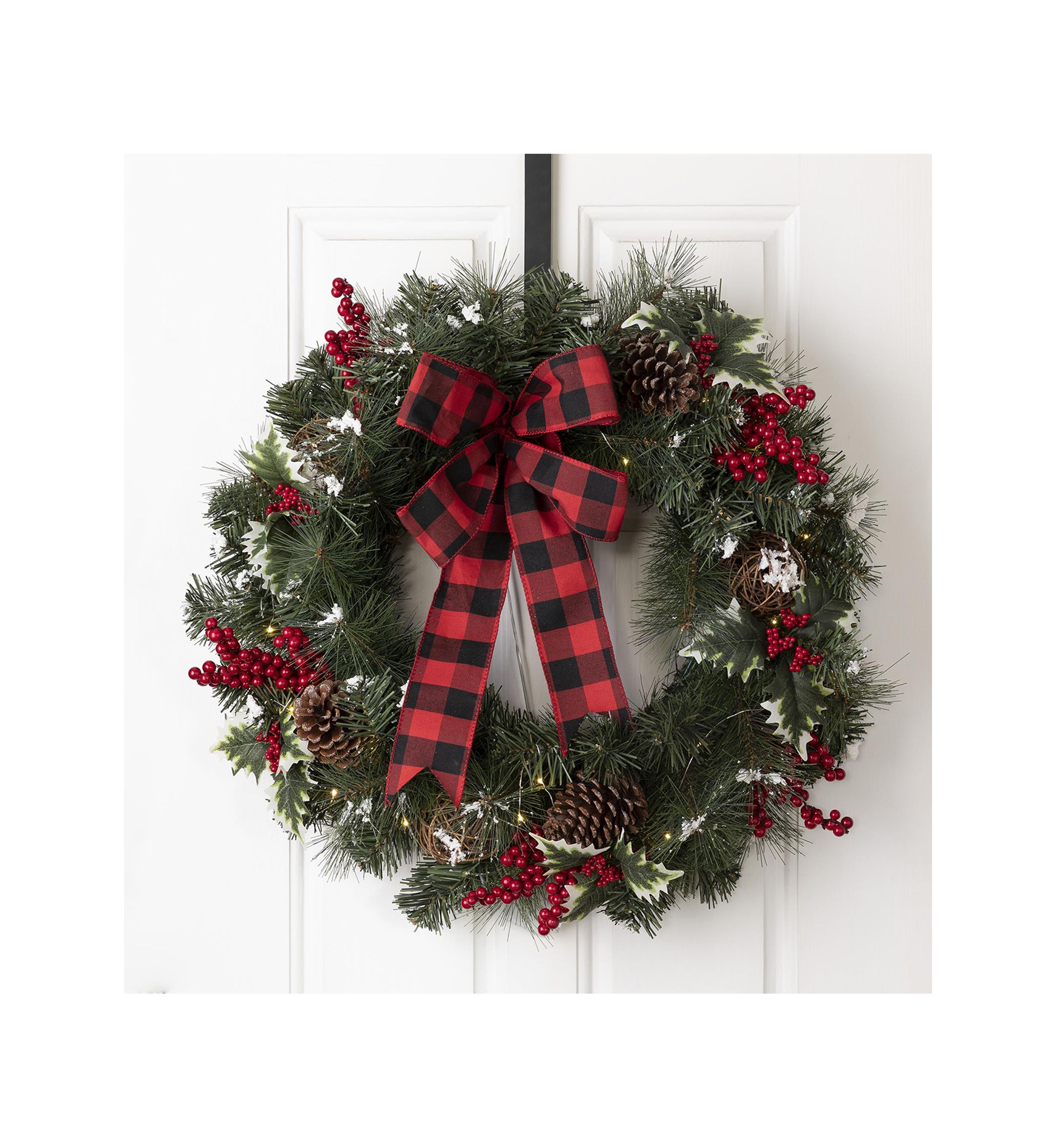 Snow Berry Twig Ball Pinecone Holly Pine Wreath With Lights