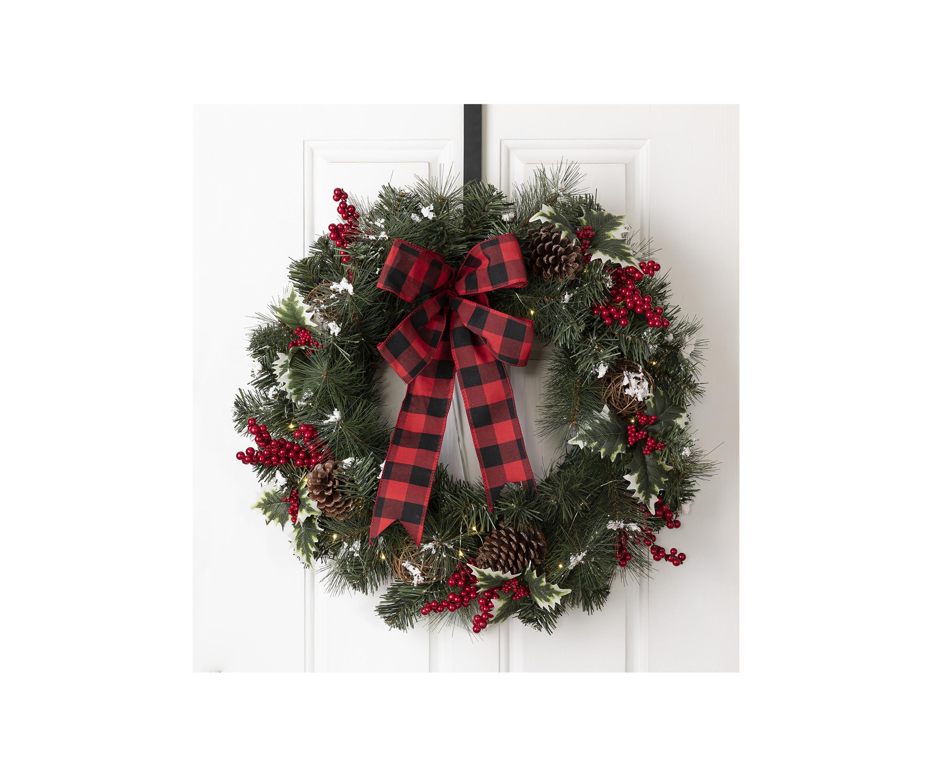 Snow Berry Twig Ball Pinecone Holly Pine Wreath With Lights