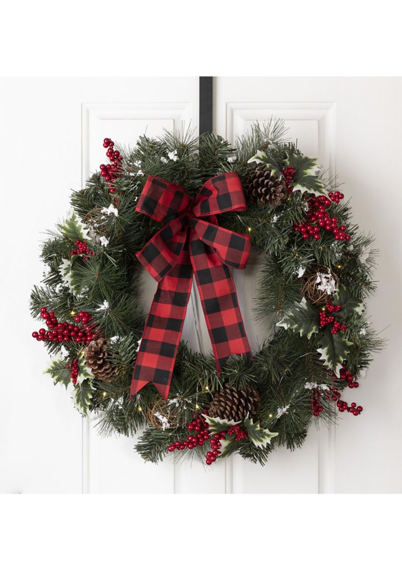 Snow Berry Twig Ball Pinecone Holly Pine Wreath With Lights