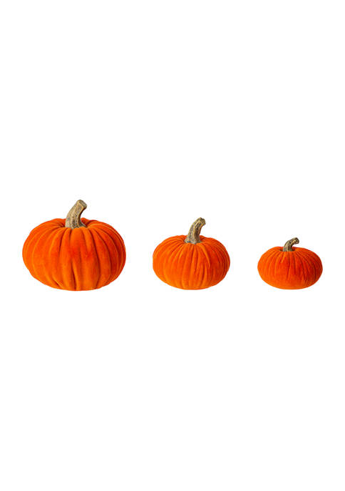 Glitzhome Set of 3 Orange Velvet/Resin Pumpkins