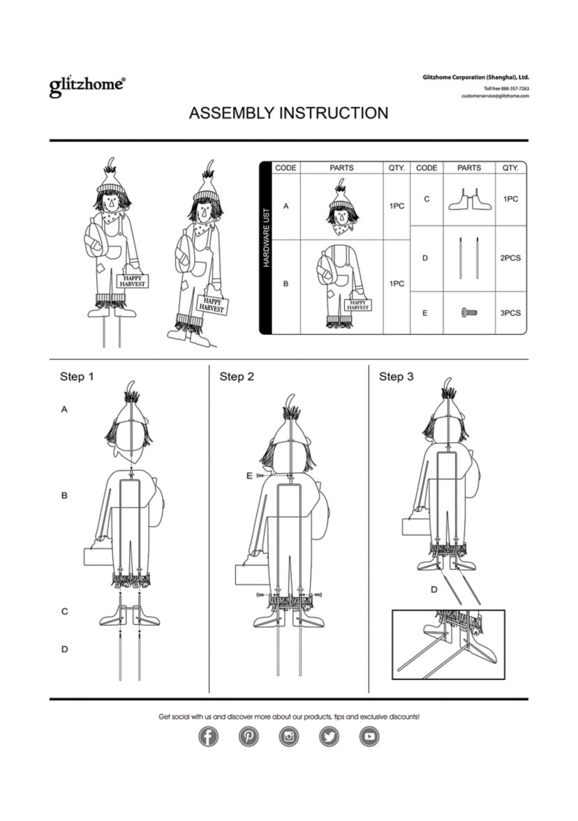 36 Inch Fall Metal Scarecrow Yard Stake / Standing/Hanging Sign