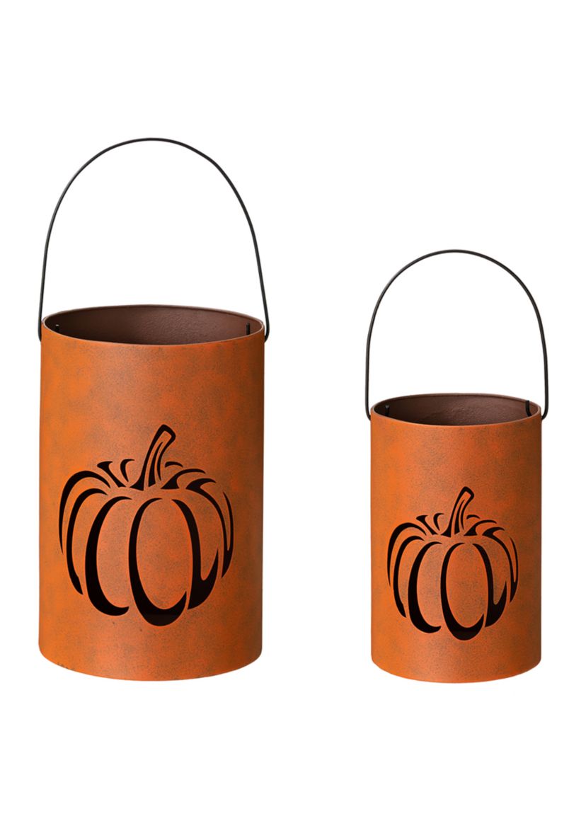 Set of 2 Metal Cutout Pumpkin Bucket