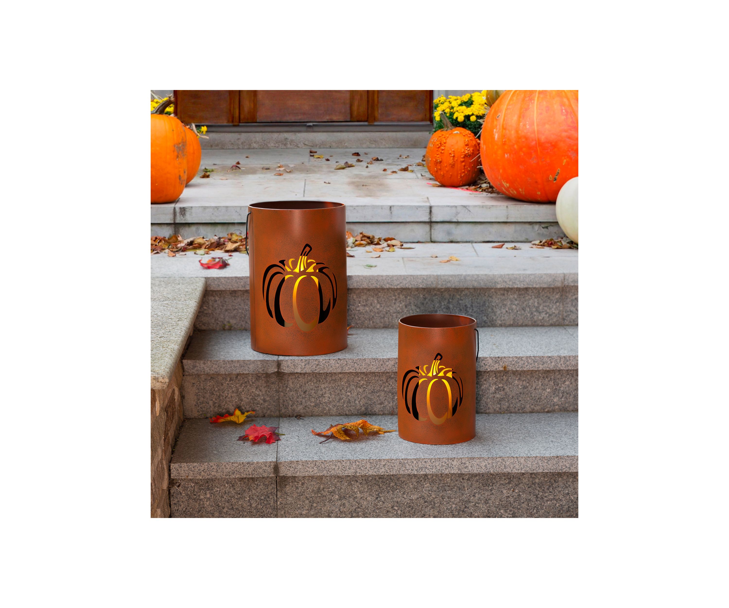 Set of 2 Metal Cutout Pumpkin Bucket