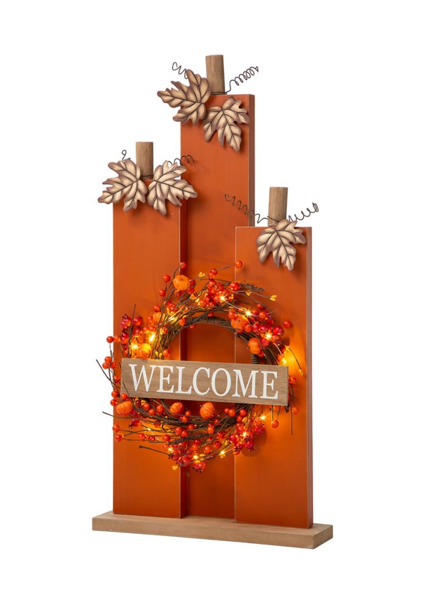 30 Inch Fall Lighted Wooden Pumpkin Décor with Wreath
