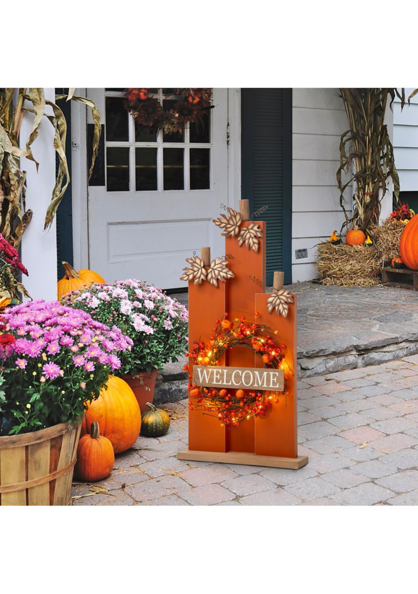 30 Inch Fall Lighted Wooden Pumpkin Décor with Wreath