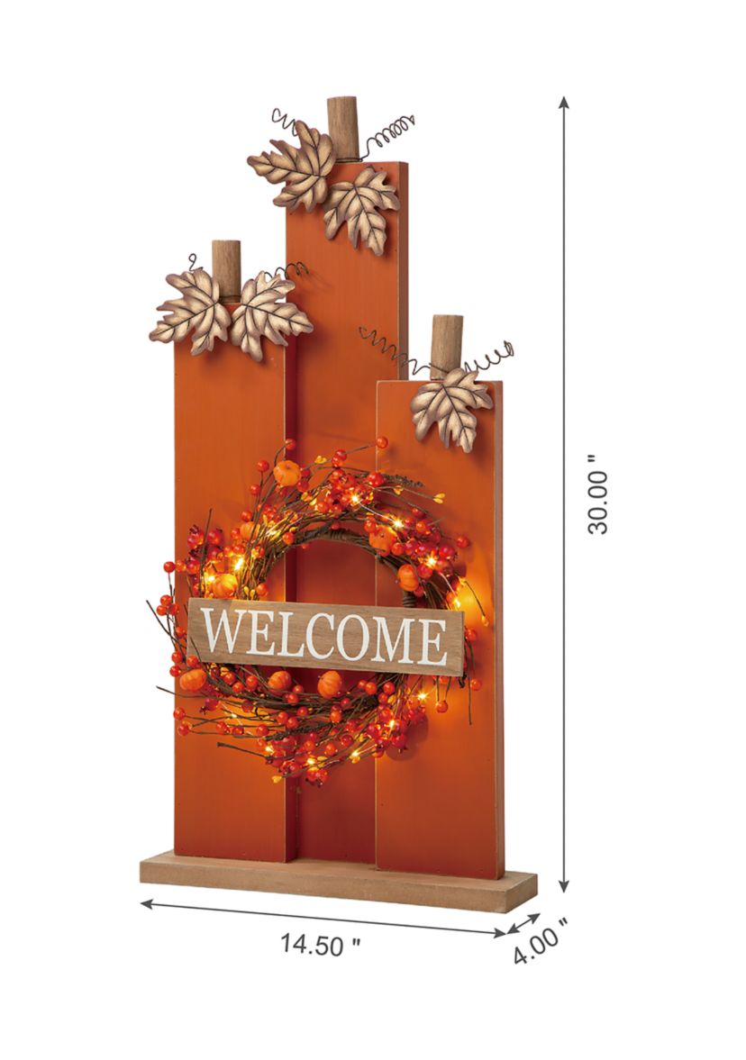 30 Inch Fall Lighted Wooden Pumpkin Décor with Wreath
