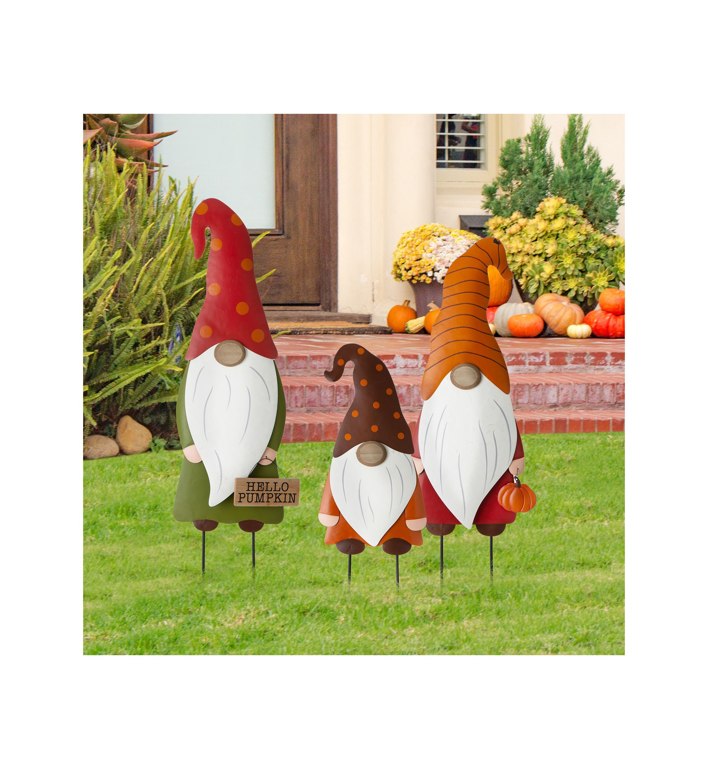 Set of 3 Fall Metal Gnome Family Yard Stake or Wall Décor or Standing Décor
