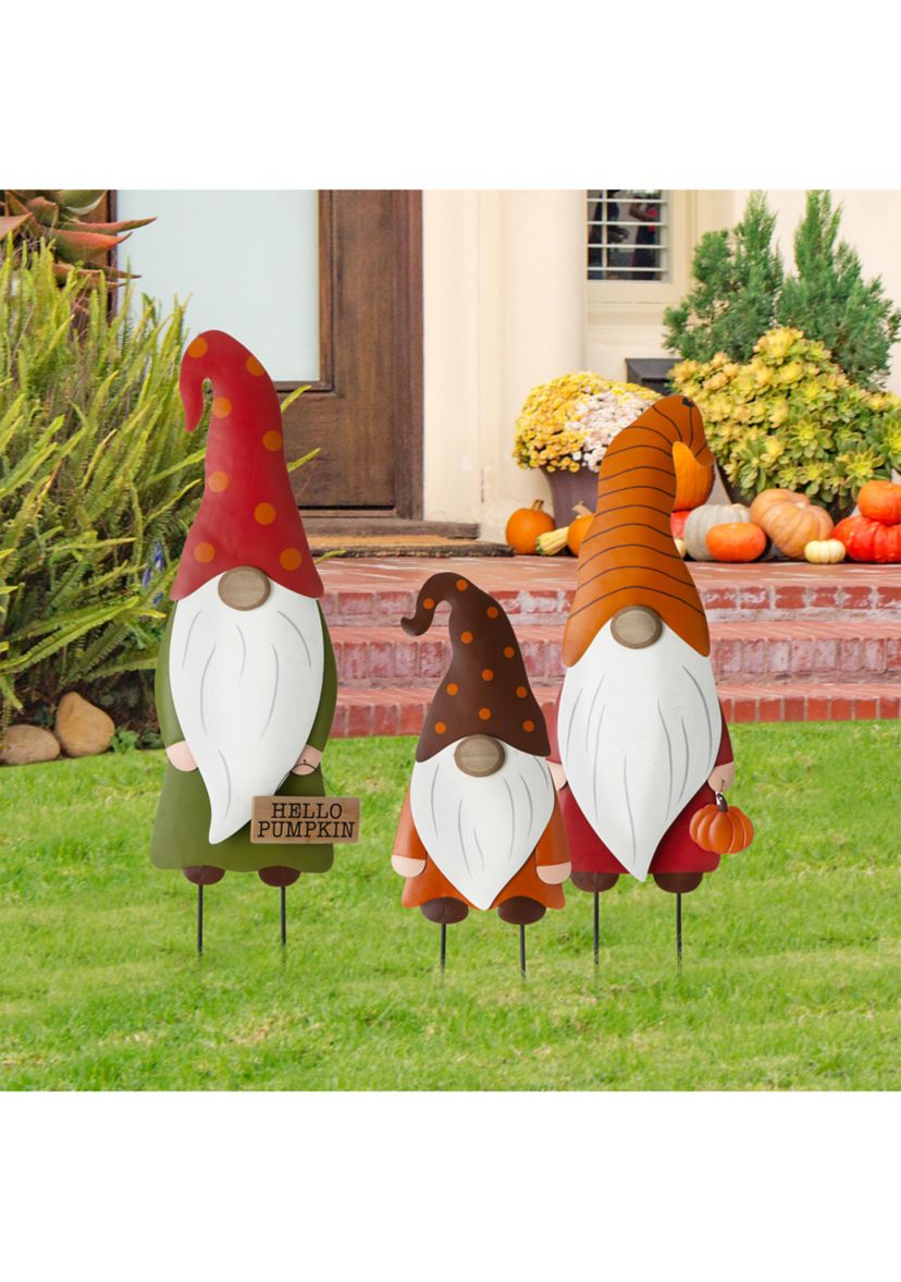 Set of 3 Fall Metal Gnome Family Yard Stake or Wall Décor or Standing Décor