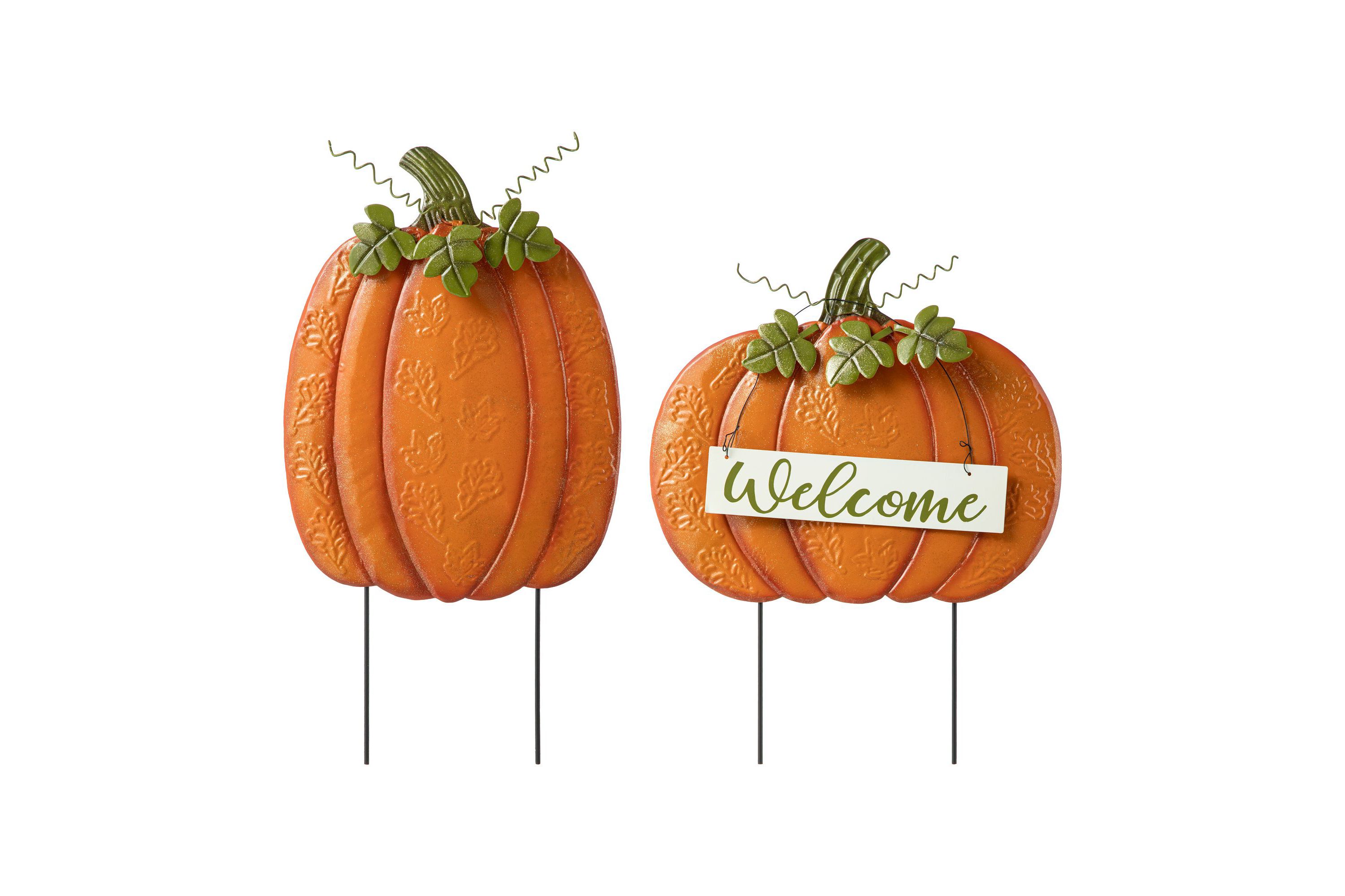 Set of 2 Fall Metal Embossed Glitter Pumpkin Yard Stake or Porch Decor (KD, Two Function)