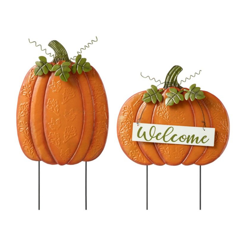 Set of 2 Fall Metal Embossed Glitter Pumpkin Yard Stake or Porch Decor (KD, Two Function)