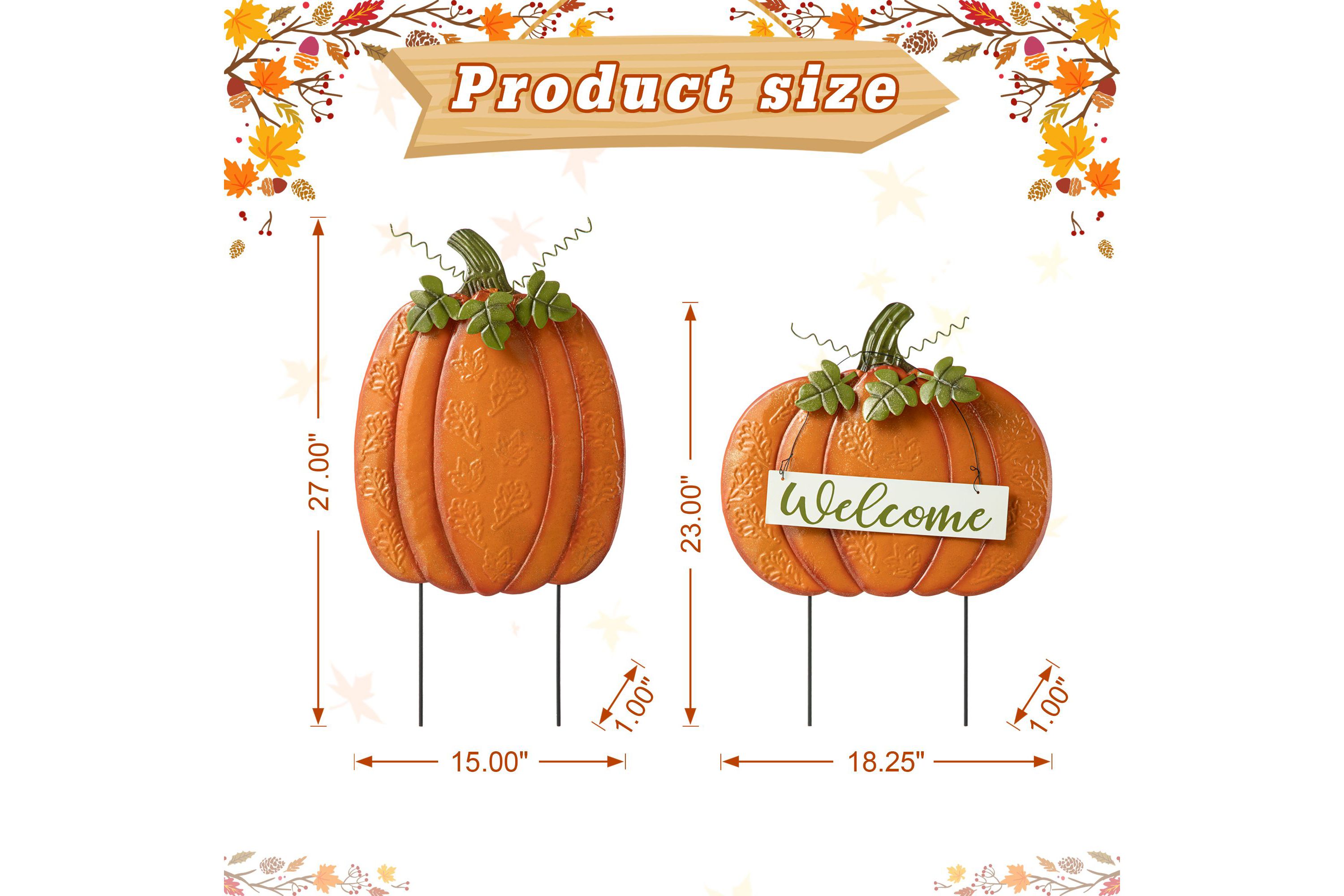 Set of 2 Fall Metal Embossed Glitter Pumpkin Yard Stake or Porch Decor (KD, Two Function)
