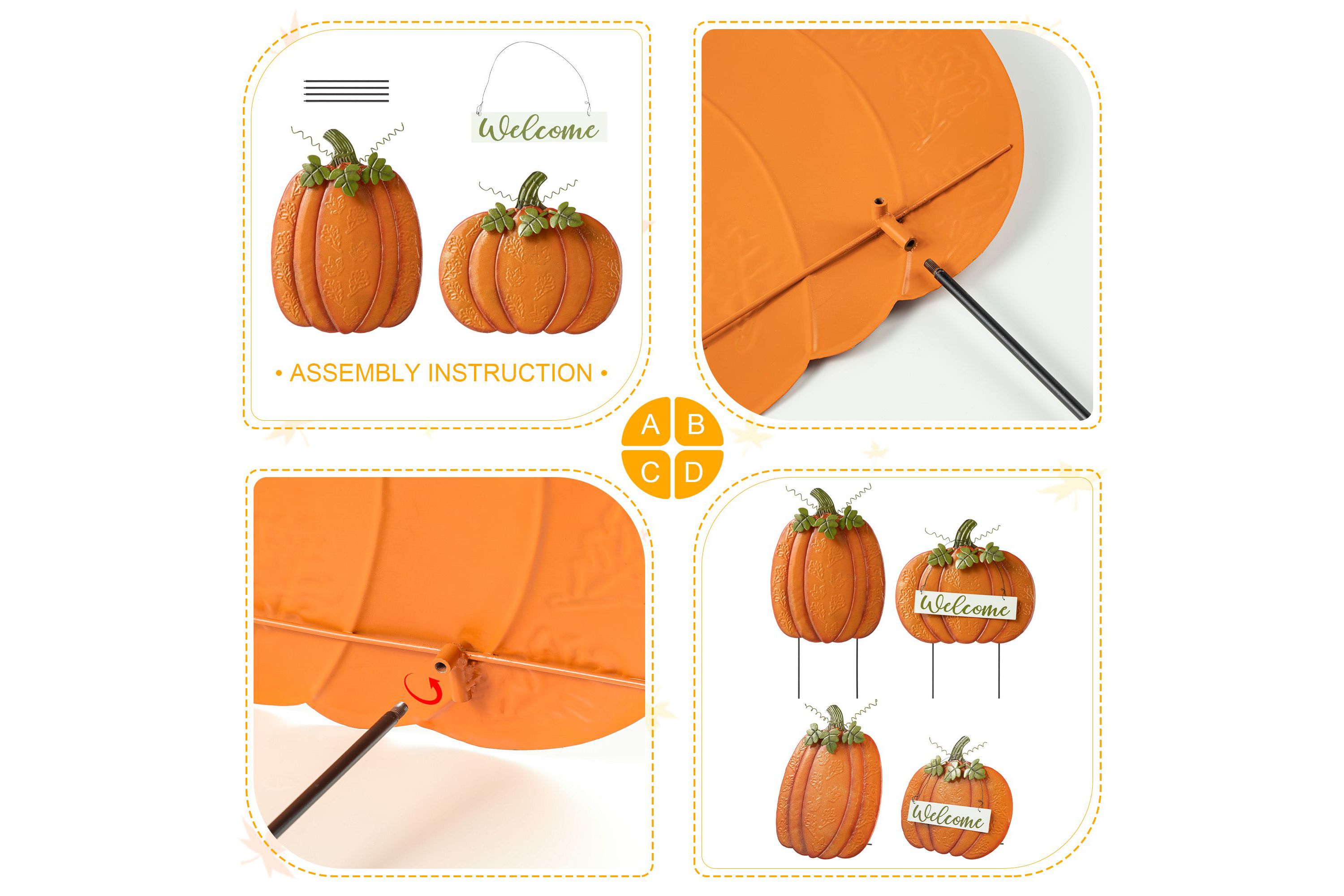 Set of 2 Fall Metal Embossed Glitter Pumpkin Yard Stake or Porch Decor (KD, Two Function)