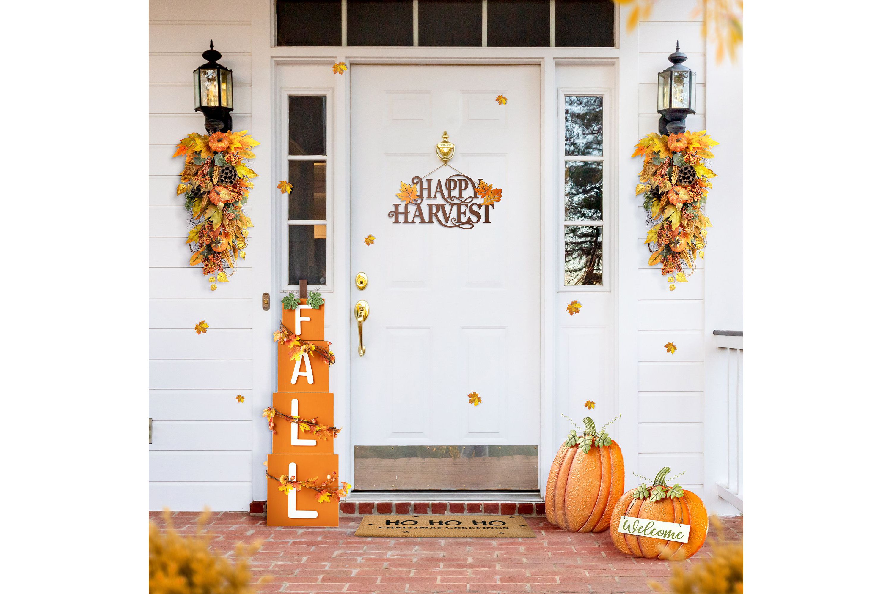 Set of 2 Fall Metal Embossed Glitter Pumpkin Yard Stake or Porch Decor (KD, Two Function)