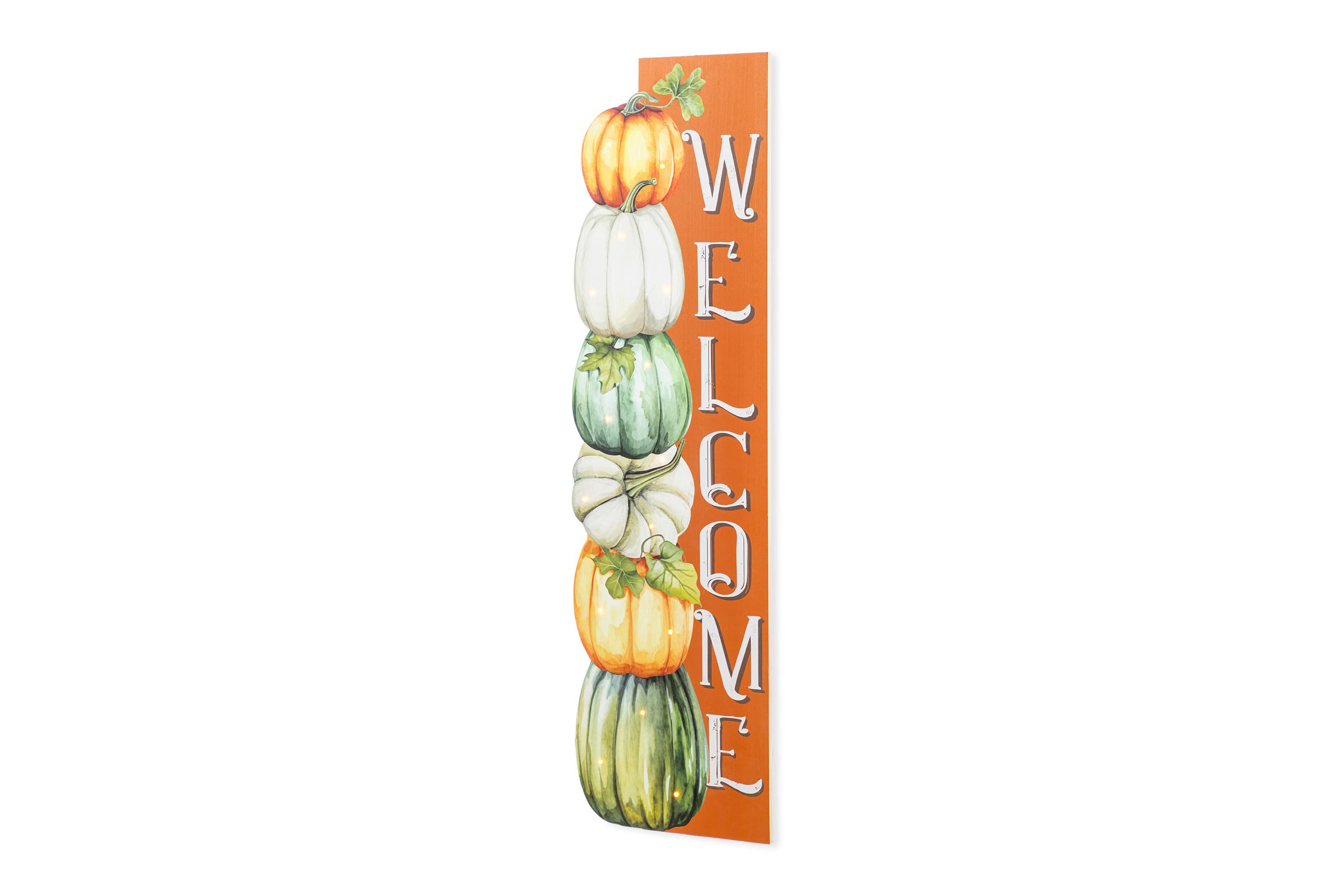 42"H Lighted Fall Wood Stacked Pumpkins Welcome Porch Sign w/Timer