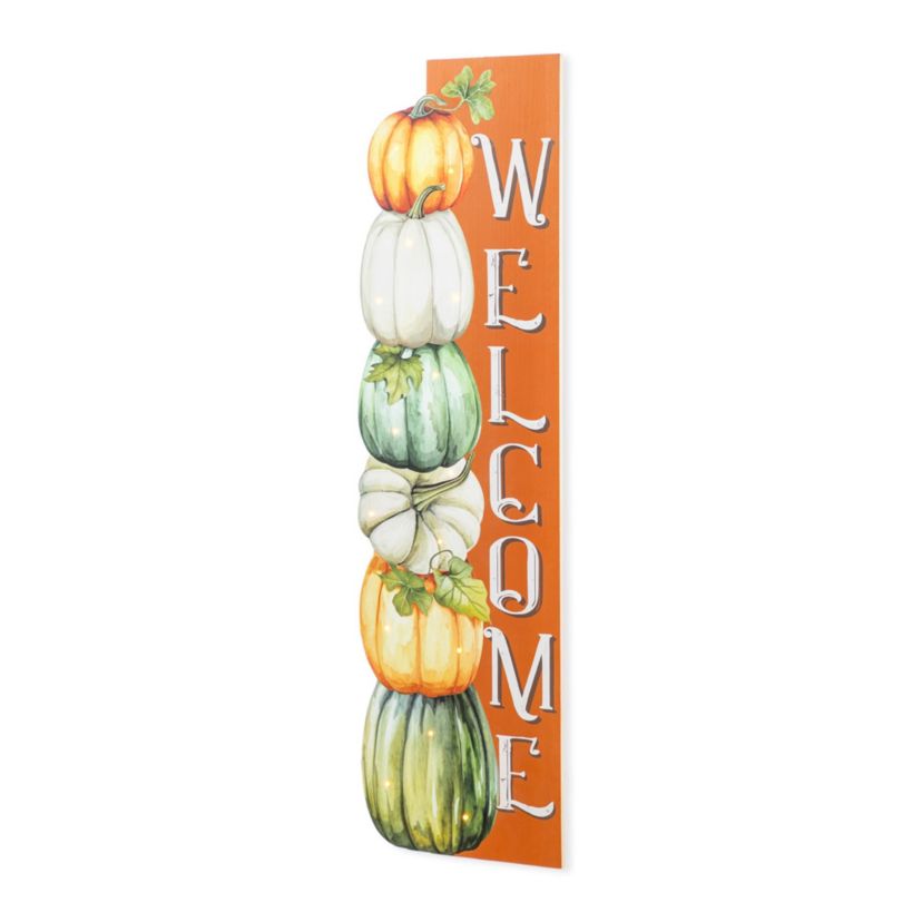 42"H Lighted Fall Wood Stacked Pumpkins Welcome Porch Sign w/Timer