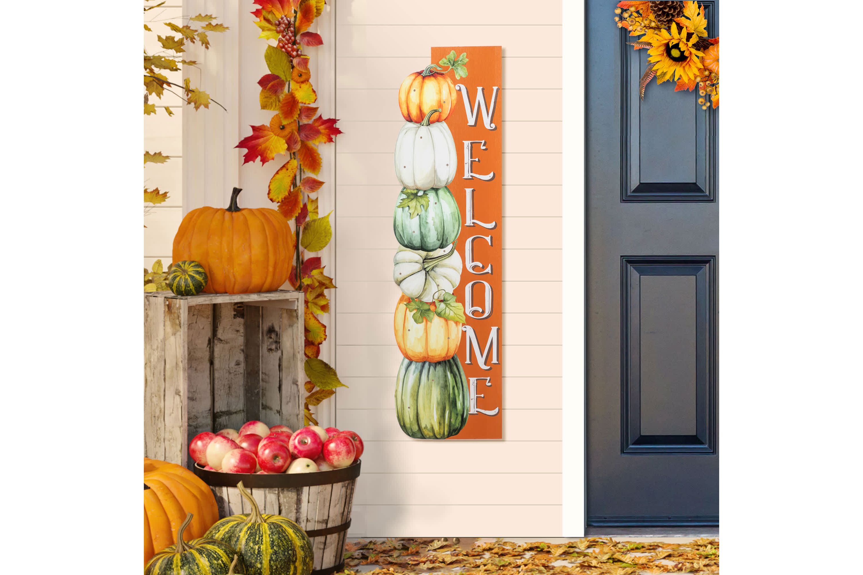 42"H Lighted Fall Wood Stacked Pumpkins Welcome Porch Sign w/Timer