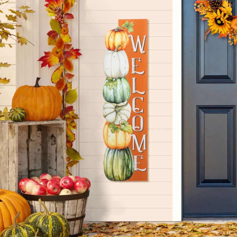 42"H Lighted Fall Wood Stacked Pumpkins Welcome Porch Sign w/Timer