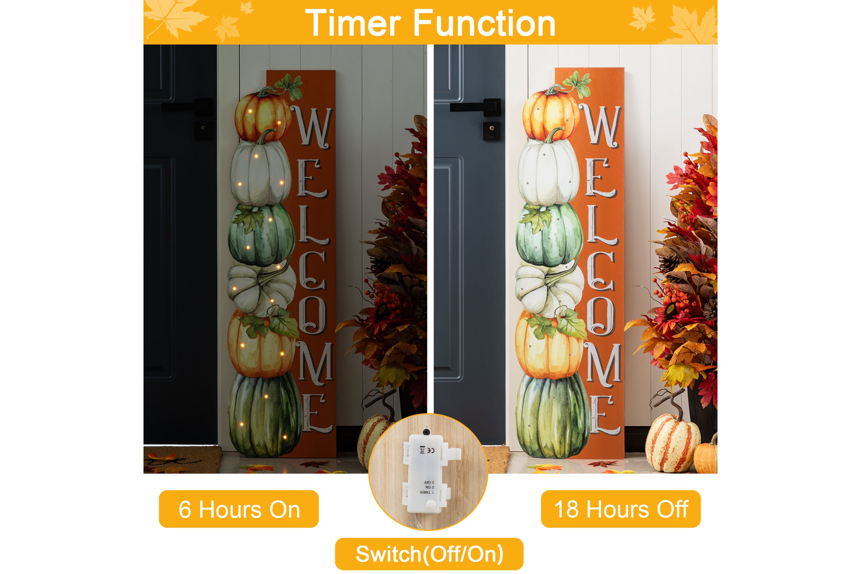 42"H Lighted Fall Wood Stacked Pumpkins Welcome Porch Sign w/Timer