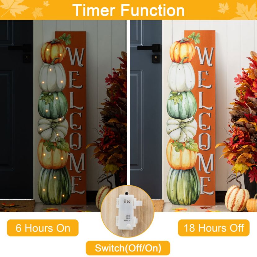 42"H Lighted Fall Wood Stacked Pumpkins Welcome Porch Sign w/Timer