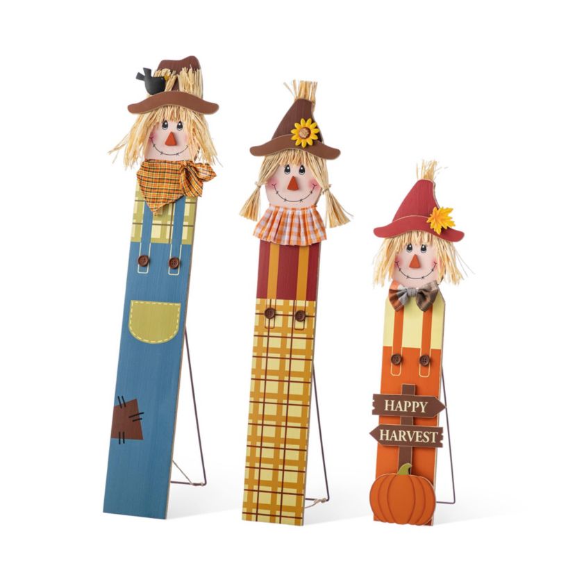 36"H Fall S/3 Wood Sacrecrow Family Porch Decor, Two Function (S/3 or Single Piece)
