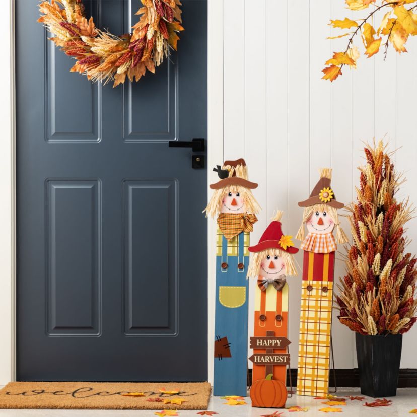 36"H Fall S/3 Wood Sacrecrow Family Porch Decor, Two Function (S/3 or Single Piece)