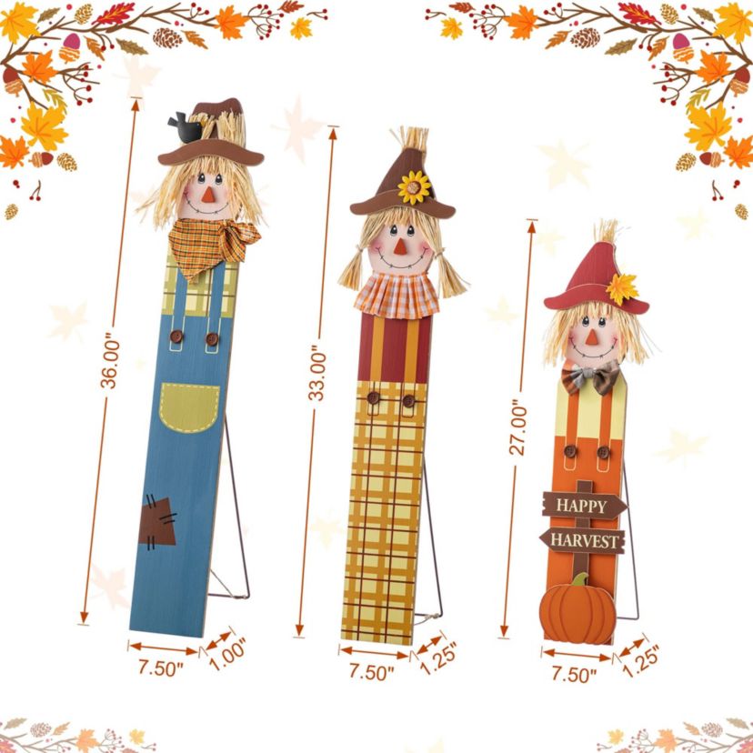 36"H Fall S/3 Wood Sacrecrow Family Porch Decor, Two Function (S/3 or Single Piece)