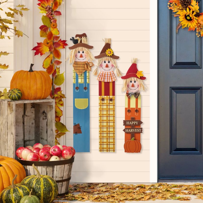 36"H Fall S/3 Wood Sacrecrow Family Porch Decor, Two Function (S/3 or Single Piece)