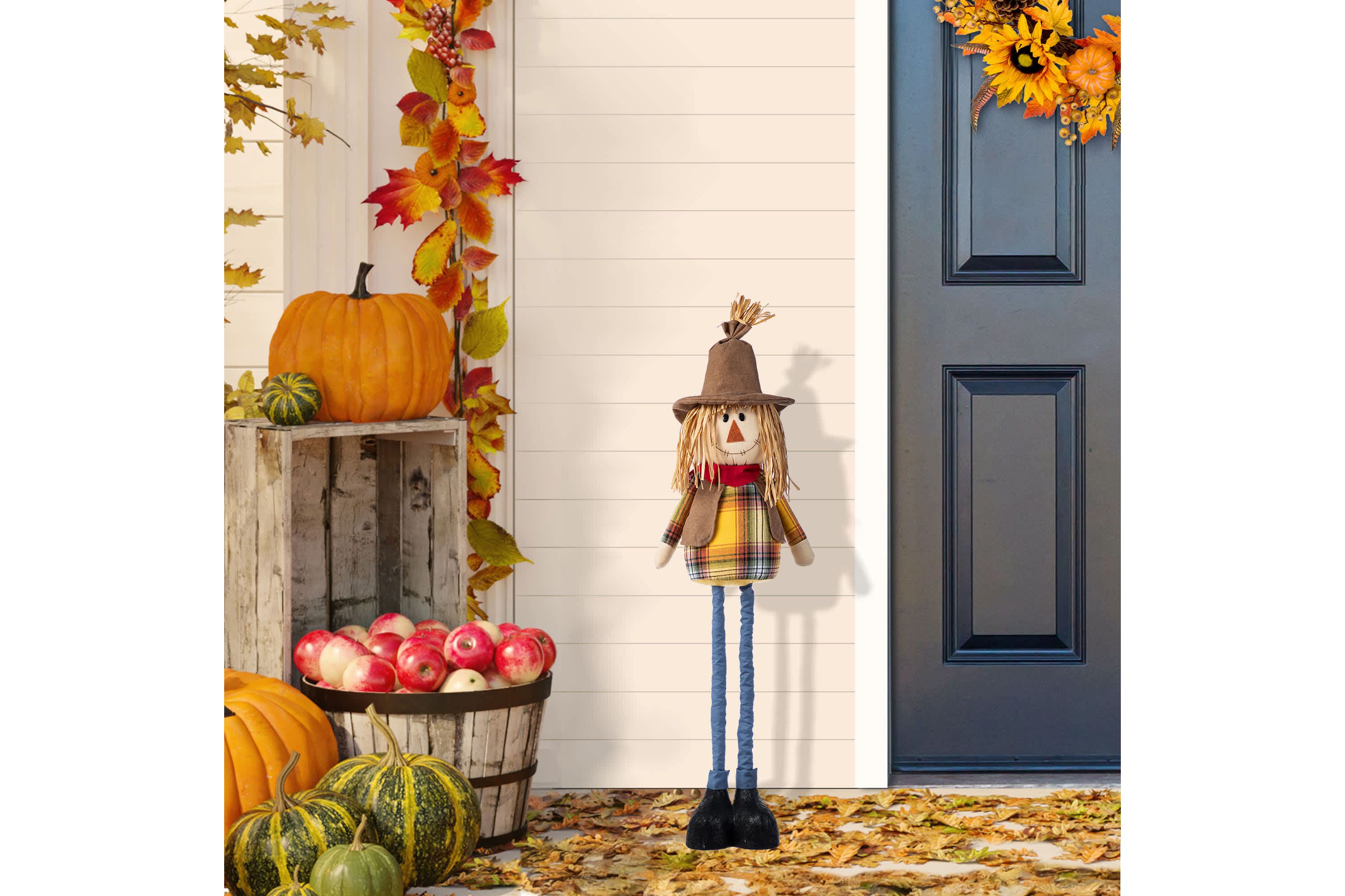 33-38"H Fall Fabric Scarecrow Porch Decor With Telescoping Legs