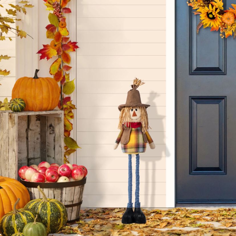 33-38"H Fall Fabric Scarecrow Porch Decor With Telescoping Legs