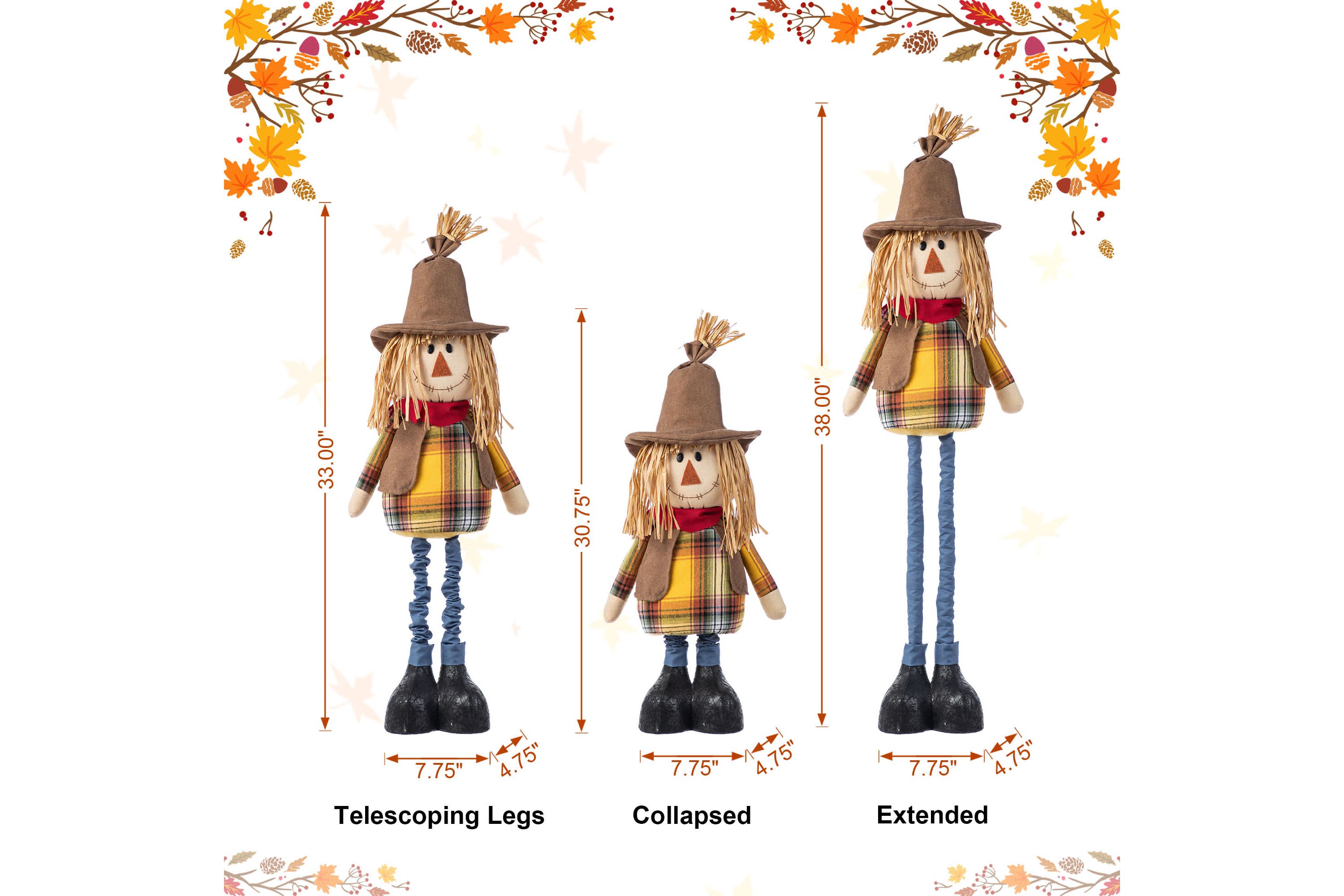 33-38"H Fall Fabric Scarecrow Porch Decor With Telescoping Legs