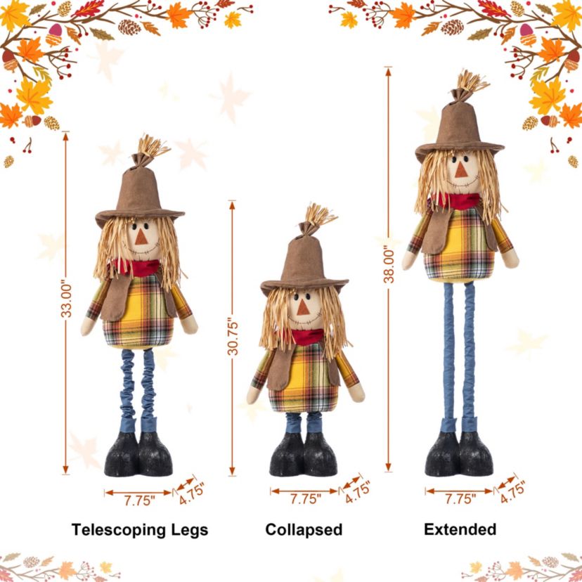 33-38"H Fall Fabric Scarecrow Porch Decor With Telescoping Legs