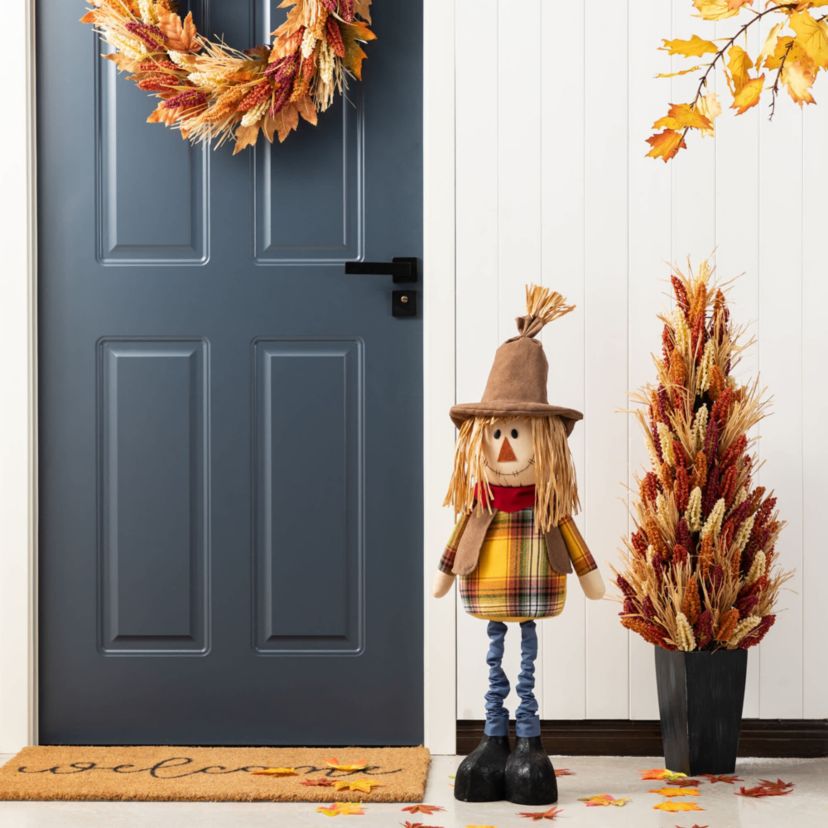 33-38"H Fall Fabric Scarecrow Porch Decor With Telescoping Legs