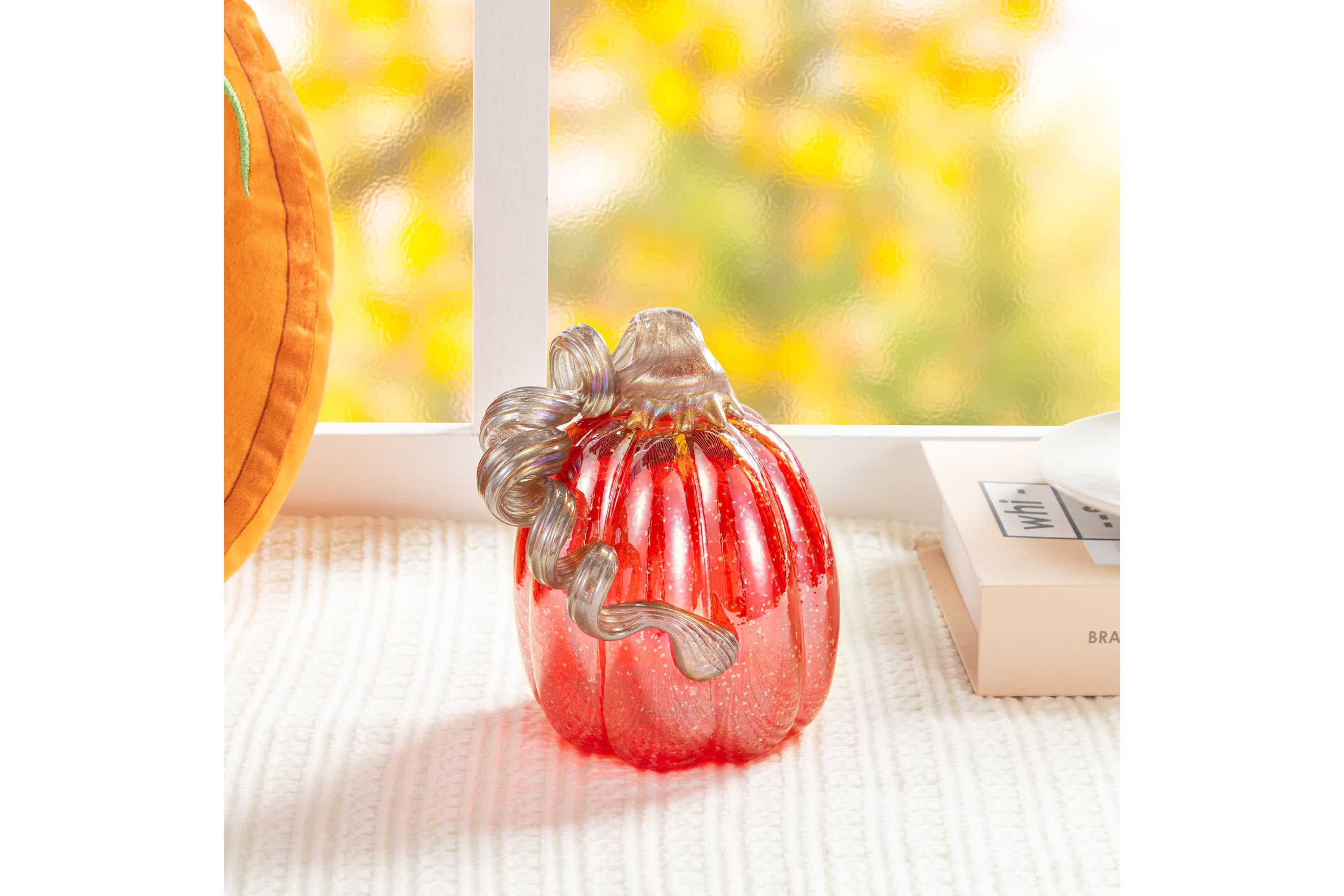 6"H Fall Red Glass Pumpkin with Glitter