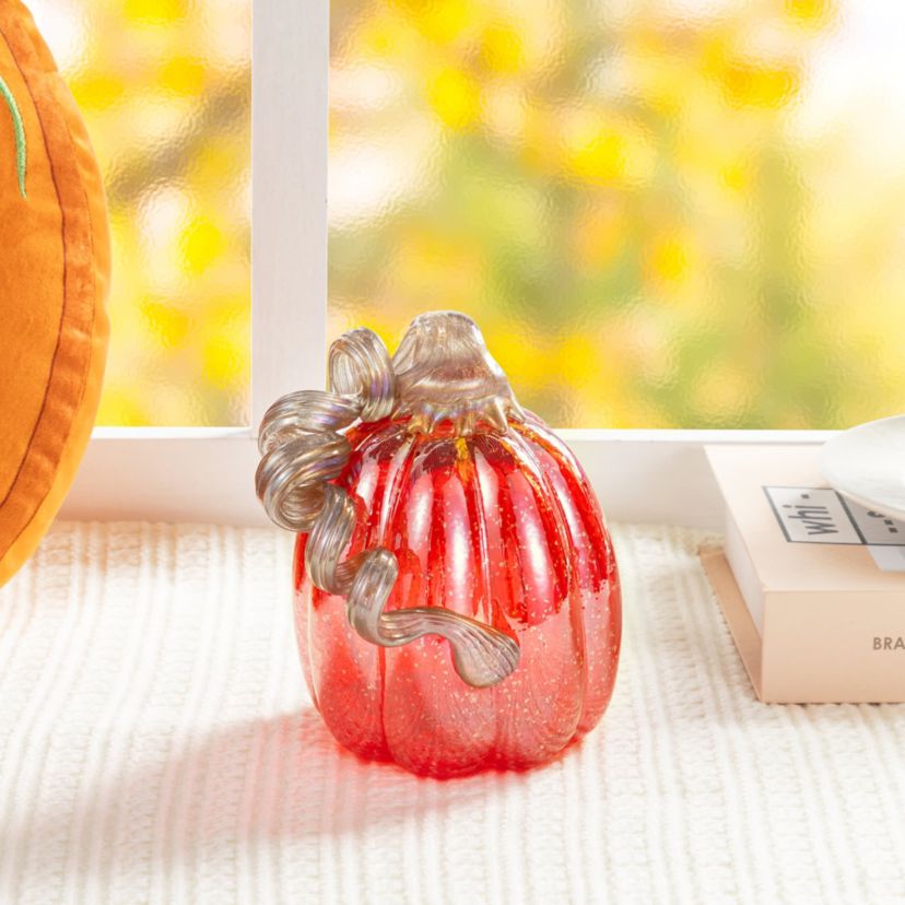 6"H Fall Red Glass Pumpkin with Glitter
