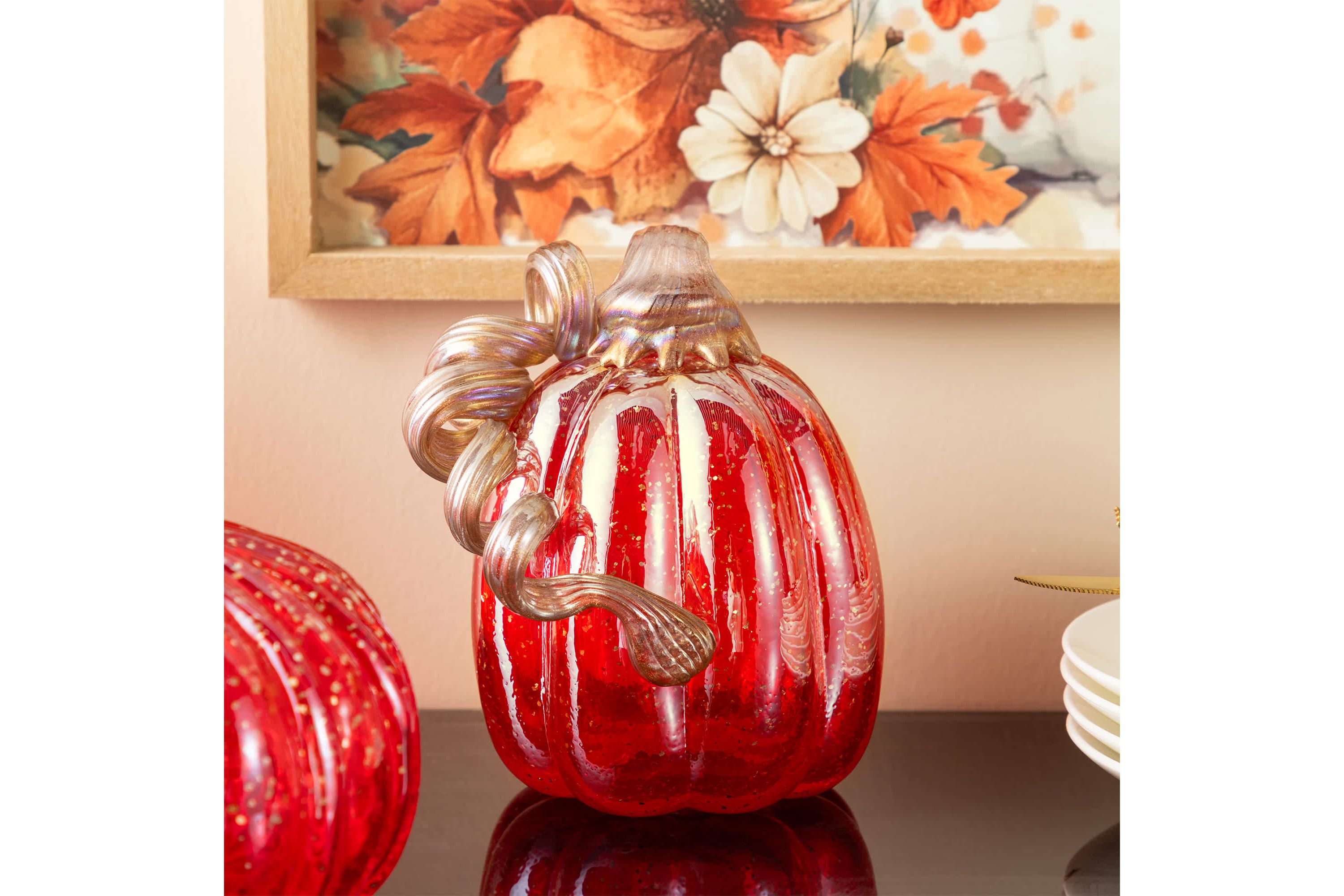 6"H Fall Red Glass Pumpkin with Glitter