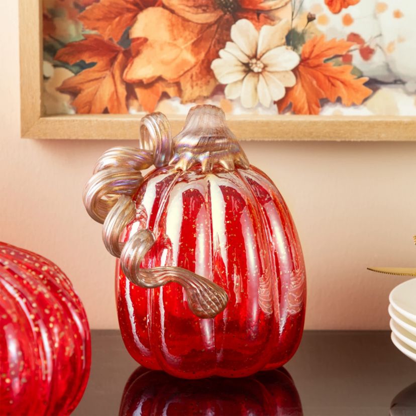 6"H Fall Red Glass Pumpkin with Glitter