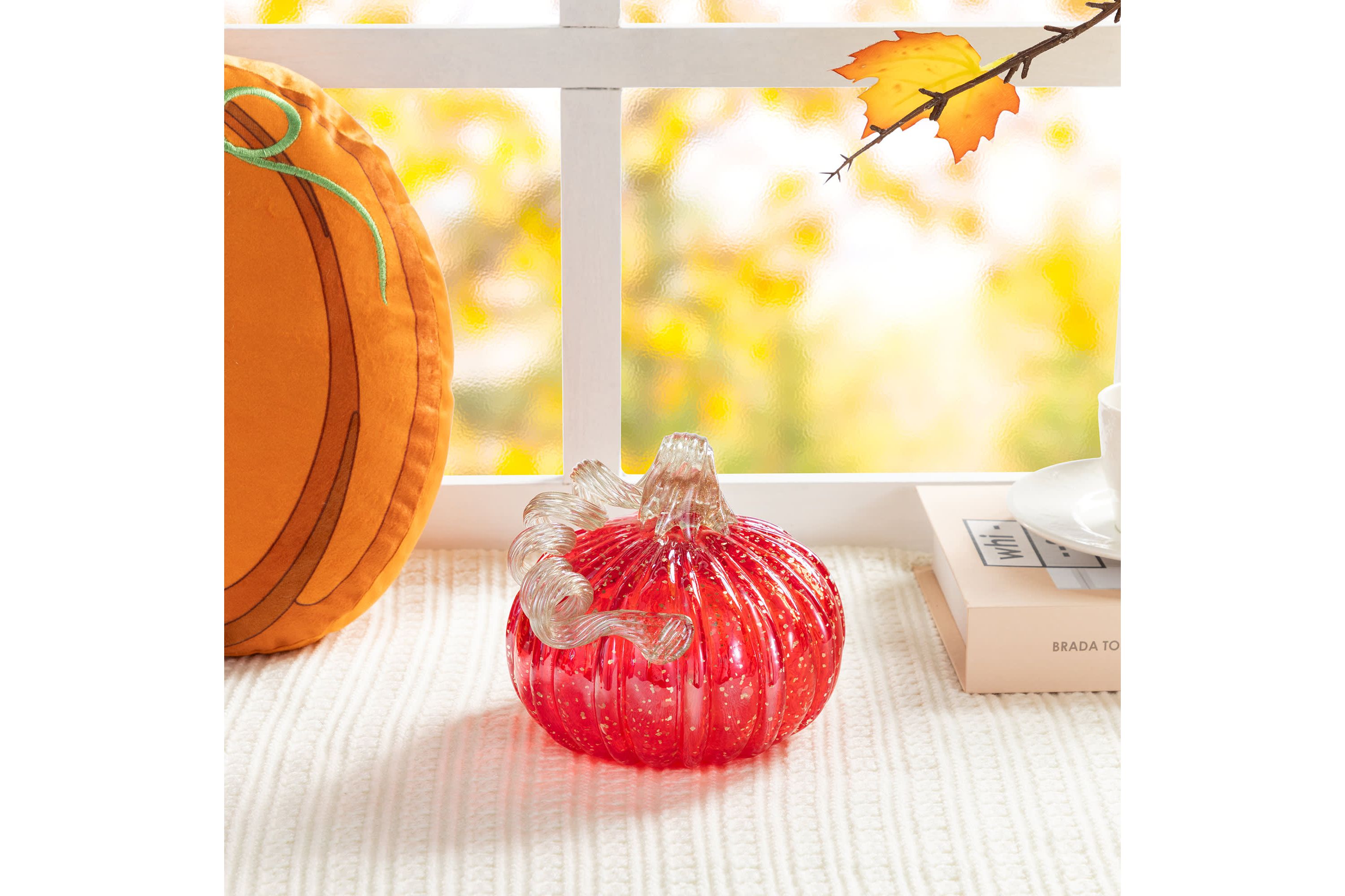 6"D Fall Red Glass Pumpkin with Glitter