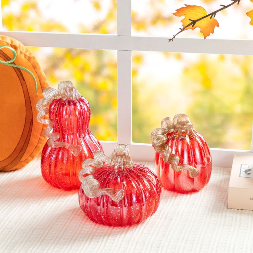 6"D Fall Red Glass Pumpkin with Glitter