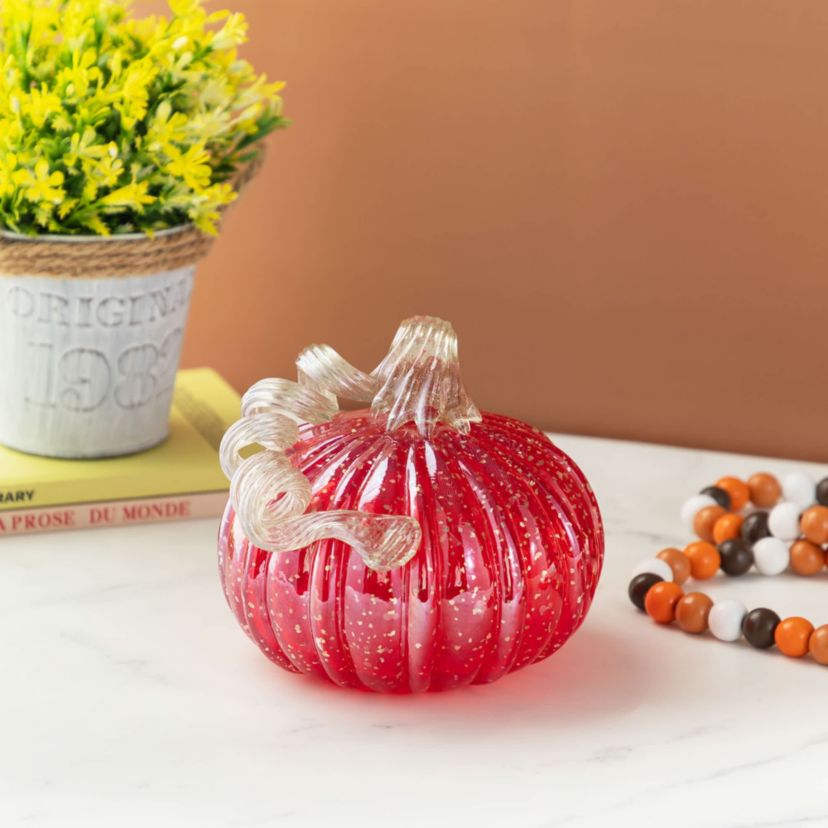 6"D Fall Red Glass Pumpkin with Glitter