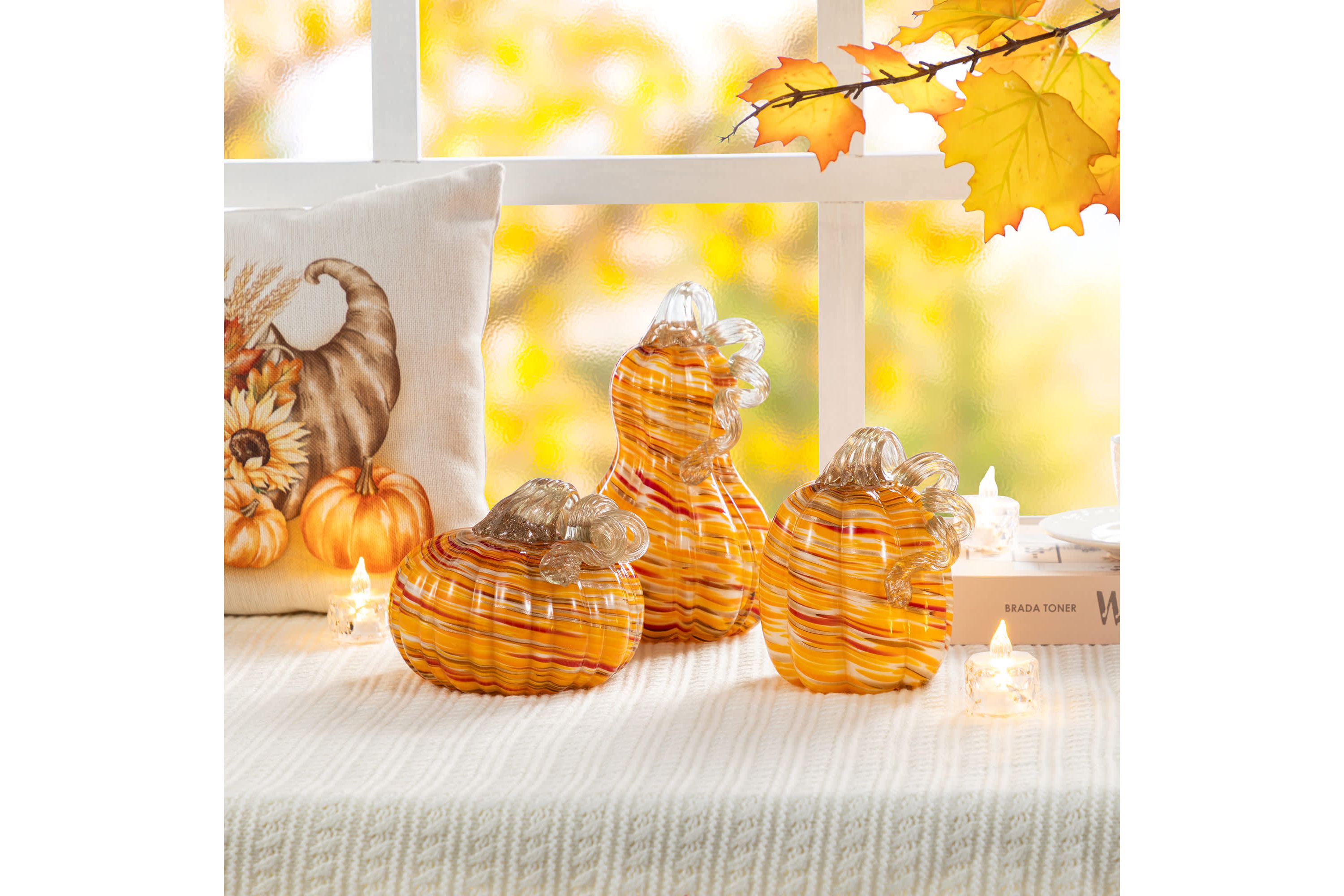 6"D Fall Multi Stripes Glass Pumpkin