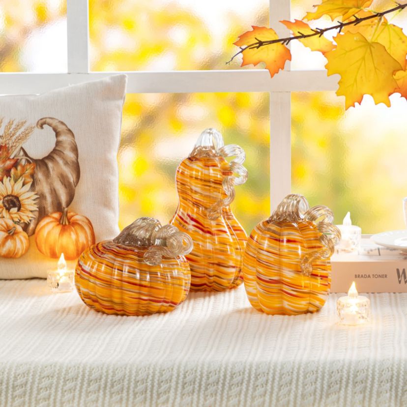 6"D Fall Multi Stripes Glass Pumpkin