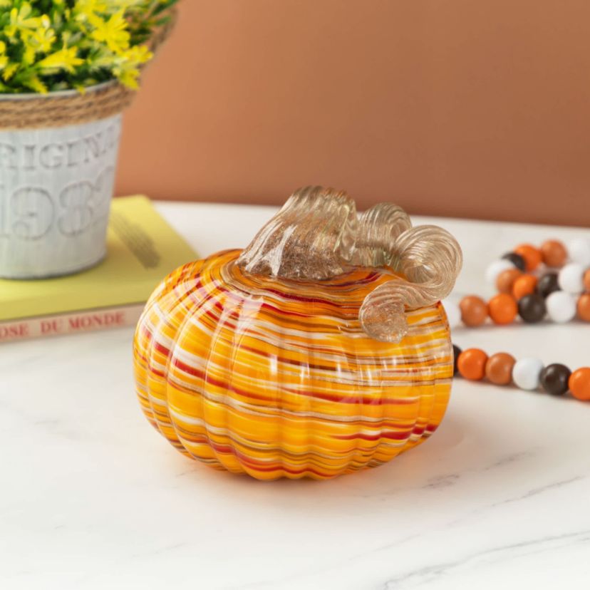6"D Fall Multi Stripes Glass Pumpkin