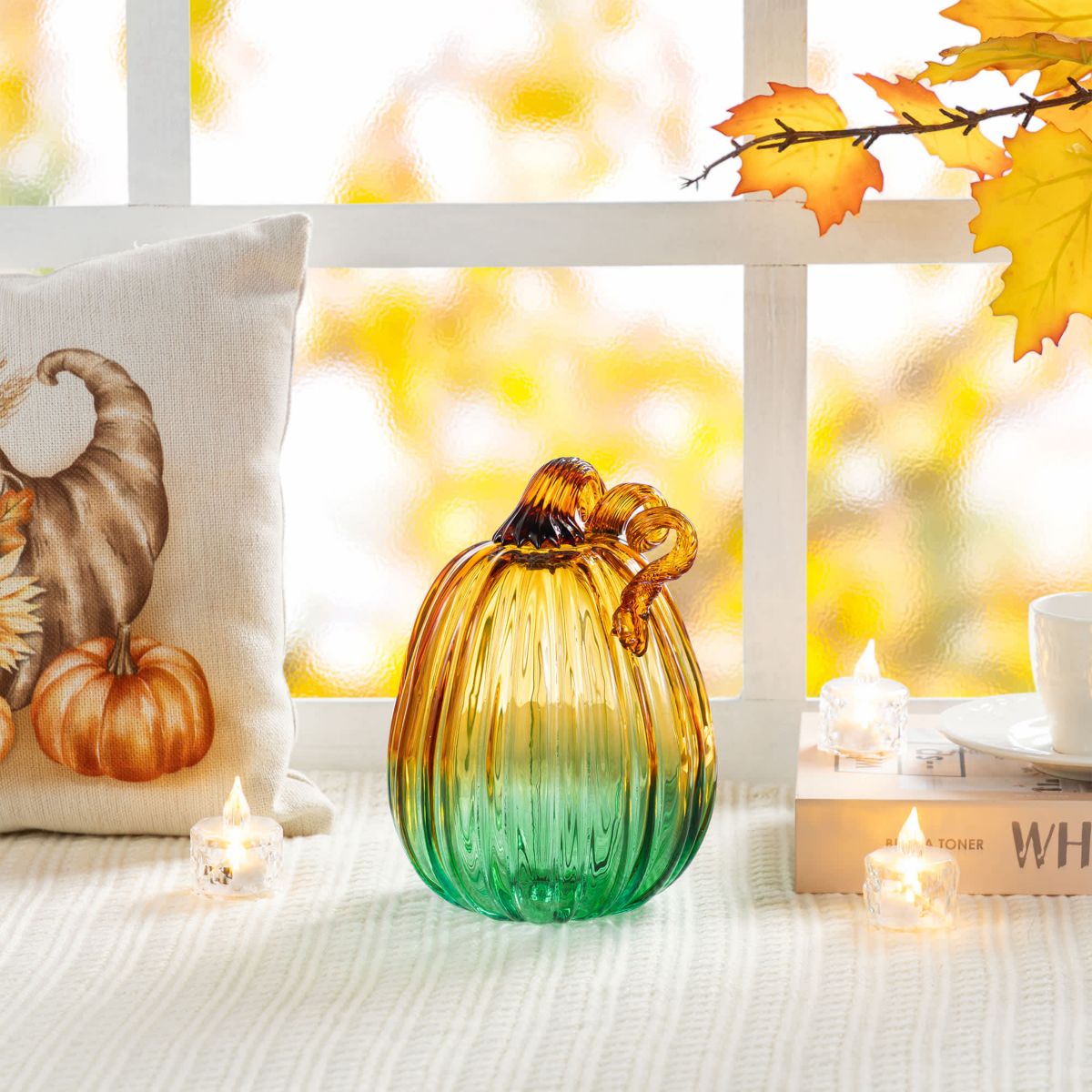 7"H Gradient Turquoise Glass Pumpkin