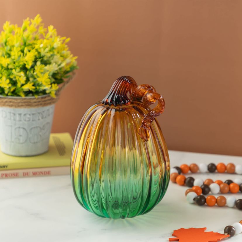 7"H Gradient Turquoise Glass Pumpkin