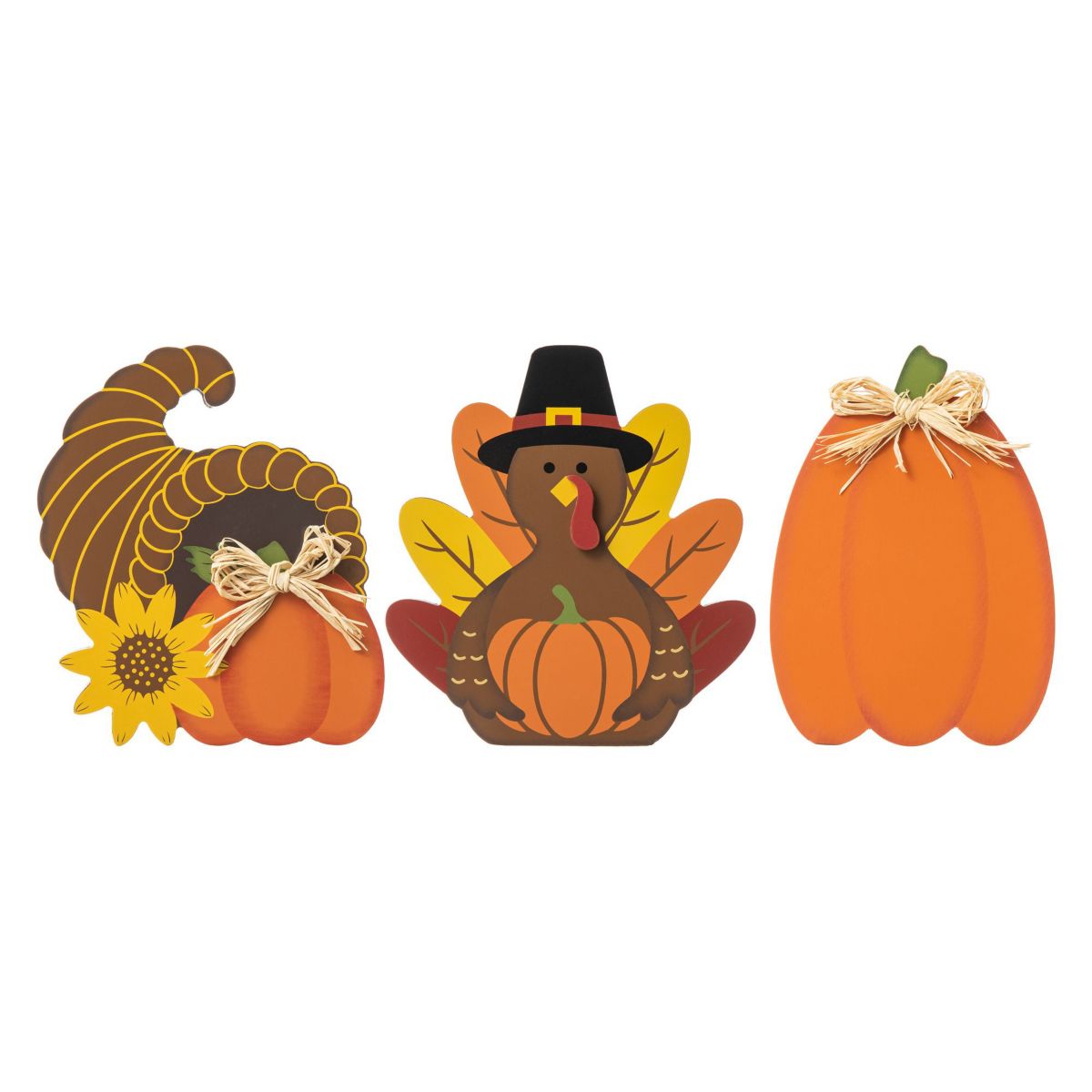 7"H Set of 3 Thanksgiving Wooden Pumpkin, Turkey & Croissant Table Decor