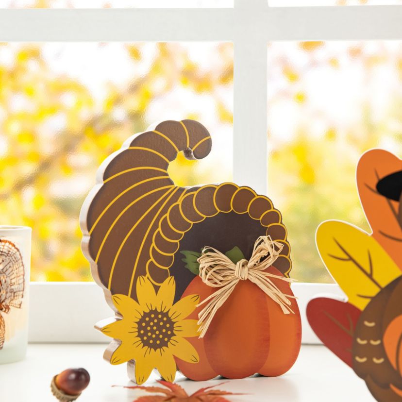 7"H Set of 3 Thanksgiving Wooden Pumpkin, Turkey & Croissant Table Decor